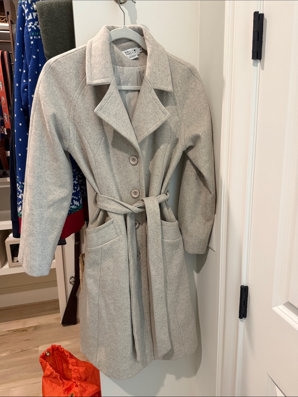 Molly Bracken Light Gray Belted Wool-Blend Trench Coat